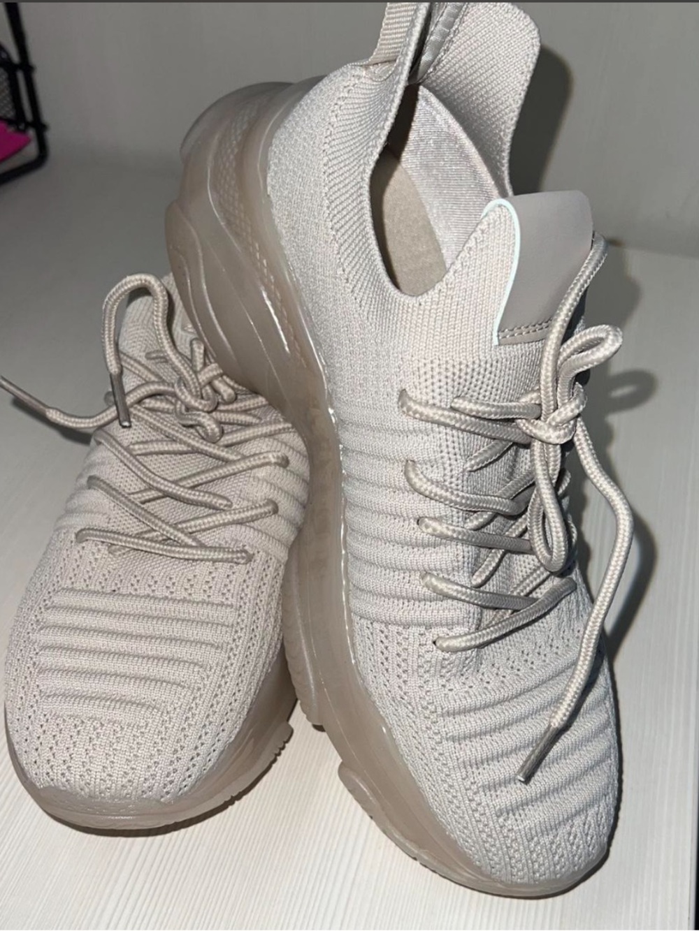 Women's Knit Lace-Up Athletic Sneakers in Light Beige